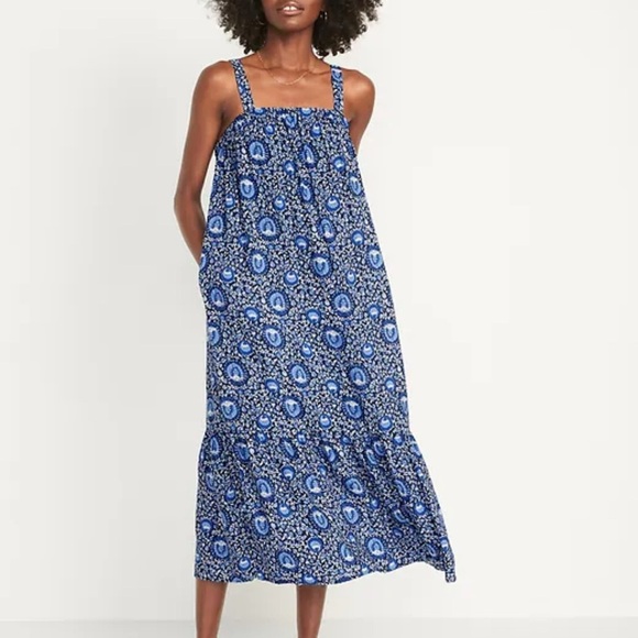 Old Navy Sleeveless Tie-Back Cutout Maxi Swing Dress Sz XL Block blue print - Picture 1 of 7